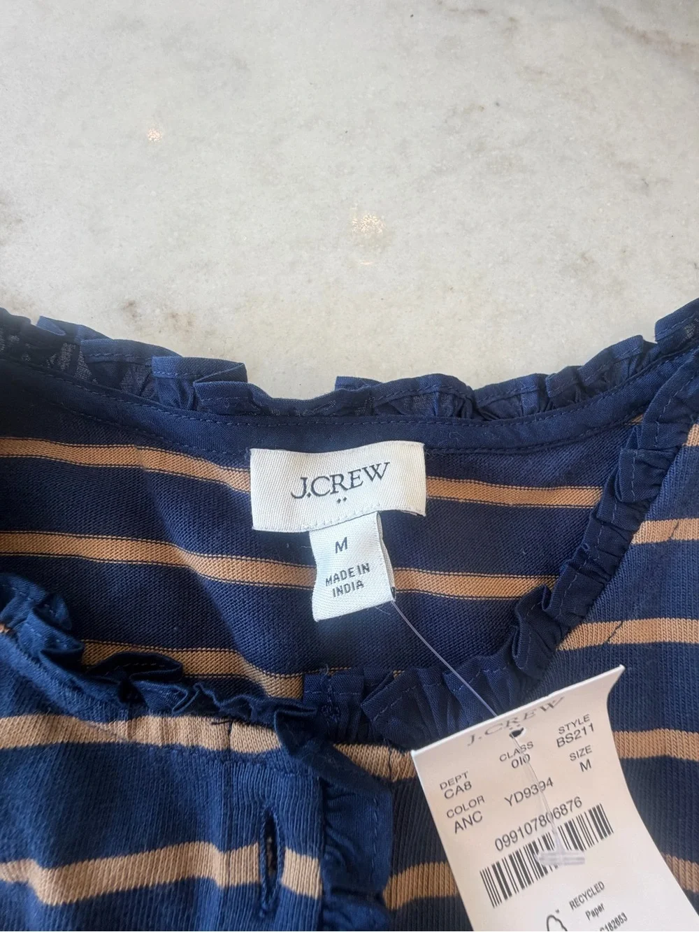 J CREW Striped Navy and Tan Long-Sleeve Henley Top w ruffle detail! New! M